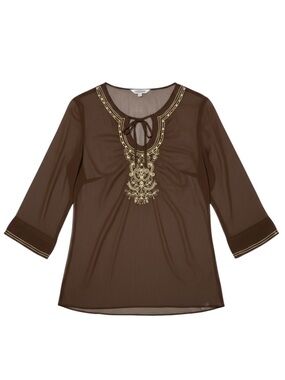TRAMP Sheer Boho Sequin Bell Sleeve Tie Neck Y2K Brown Top Size Medium